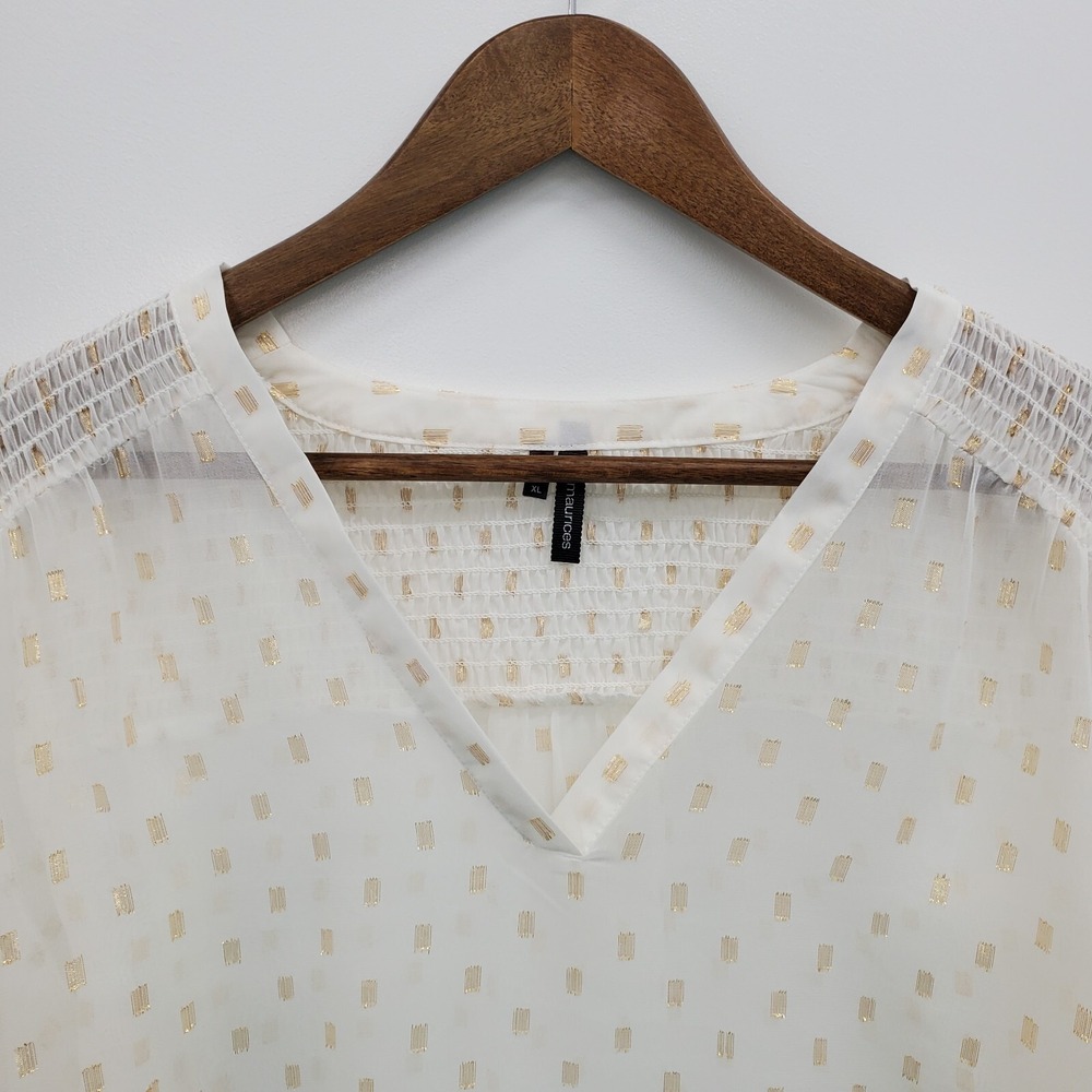 Maurices Womens XL Ivory Gold Dotted V-Neck Popover Blouse Long Sleeve Career - Picture 10 of 14